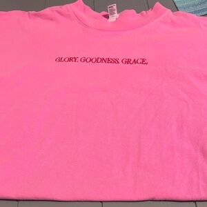Glory. Goodness. Grace. Embroidered Pink T-Shirt